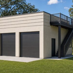 57th Scottsdale RV garage exterior render: modern flat-roof garage with two overhead doors and roof deck
