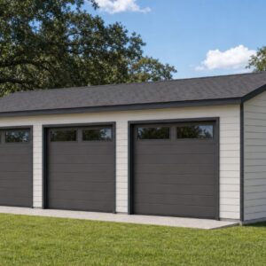 Hunters RV garage exterior render: 50 by 30 foot gable-roof detached garage with three overhead doors
