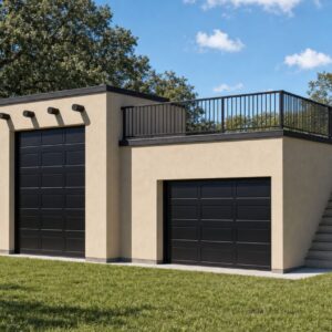 Ina RV garage exterior render: tall RV bay and lower garage with roof deck, flat parapet stucco