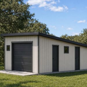 Long's Garage exterior render: 16 by 44 foot shed-roof board-and-batten detached garage