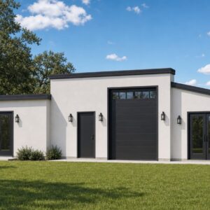 Ocotillo RV garage exterior render: contemporary flat-roof multi-bay garage with tall door and French doors